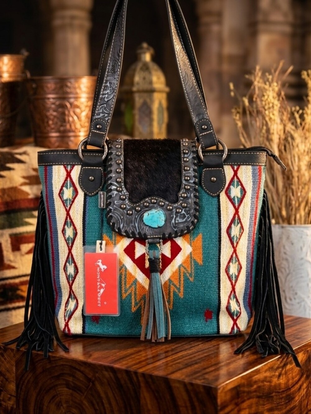 Montana West Western Style Black and Multicolor Large Purse NEW fringe aztec